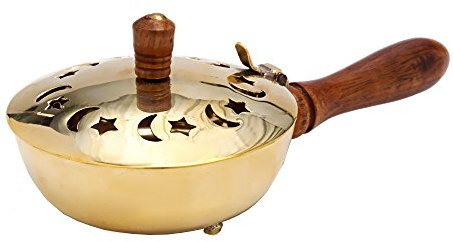 NKlaus Weihrauchpfanne zum Räuchern, Messing Gold, mit Holzgriff, 1 Stück | Höhe: 7cm; Durchmesser: 9,5cm; Länge: 18cm; Gewicht: 0,6kg; orientalische Deko