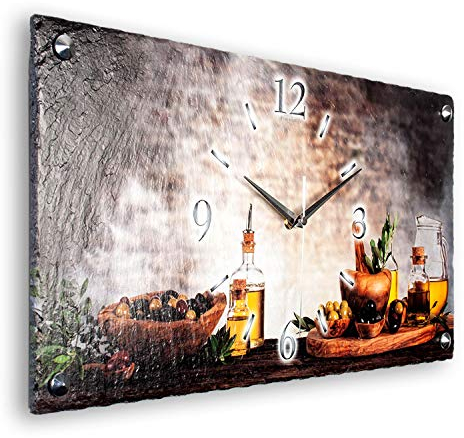 Designer-Wanduhr Kräuter Öl aus Schiefer mit Zeigern aus gebürstetem Aluminium mit flüsterleisem Uhrwerk (Kräuter-Öl, leises Funkuhrwerk)