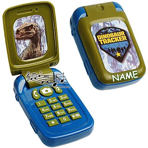 alles-meine.de GmbH Handy mit Sound - Jurassic World - Dinosaurier - incl. Namen - für Kinder/Auto - elektrisches Kinderhandy klappen - Klapphandy Telefon - Lernhandy/Kin..