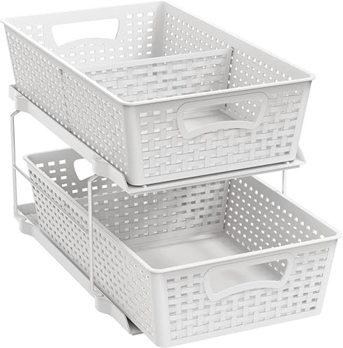 Simple Houseware 2 Tier Bathroom Organizer Tray Pull-Out Sliding Drawer, Under Sink Storage, White