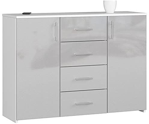 AKORD Kommode K45 mit 4 Schubladen und 2 Ablagefächern mit Türen | für das Wohnzimmer Schlafzimmer Schrank Büro Arbeitszimmer | B110 x H80 x T35 cm, Gewicht 43kg | Weiß/Metallic-Glanz