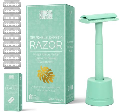Jungle Culture® Rasierhobel Damen & Herren mit Ständer, Umweltfreundlicher Nassrasierer für Frauen in Grün, Einzelklingen Metall Rasierer für Körper & Gesicht, Beauty Geschenk & Tasche, Safety Razor