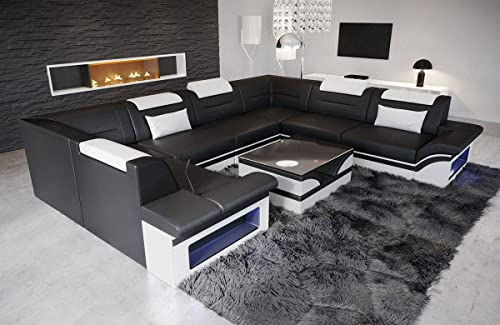 U-Form Sofa Brianza als Leder Wohnlandschaft mit Beleuchtung und Kopfstützen modernes Ledersofa (Langer Schenkel rechts (auf Sofa blickend), Schwarz-Weiß)