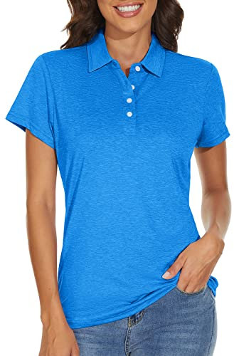 KEFITEVD Funktionsshirt Damen Kurzarm Leicht Sommershirt Jersey Poloshirt Golfbekleidung Tailliert Outdoor Shirt Polo Wandershirt Meliert Meerblau 2XL