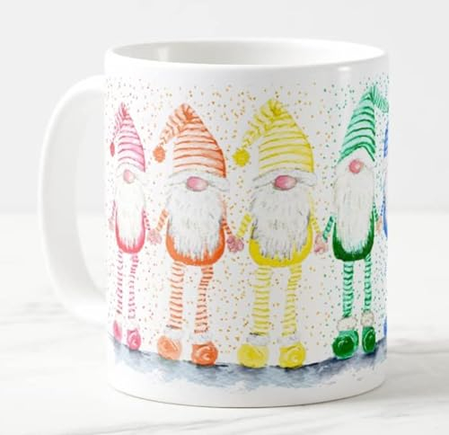 Vixar Rainbow Gonk Watercolour Art Coloured Mug Cup Gift Birthday Work Office Christmas Tea Coffee (White)