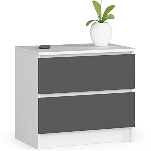 AKORD Kommode K60 mit 2 Schubladen | für das Wohnzimmer Schlafzimmer Schrank Büro Arbeitszimmer | Modernes Funktionales Design | B60 x H55 x T40 cm, Gewicht 20kg | Weiß/Graphitgrau