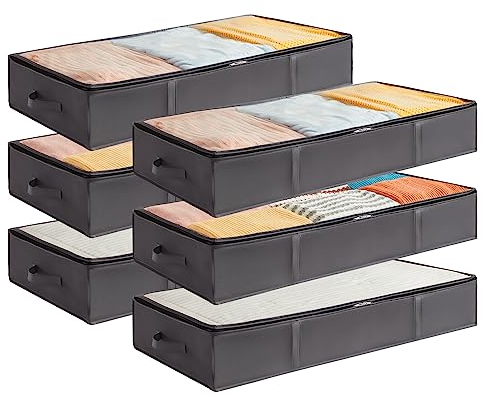 Lifewit 6 Stück 75L Unterbettkommode, Unterbett Kleideraufbewahrung Faltbare Aufbewahrungsbox mit Deckel, Kleidung Aufbewahrungstasche für Kleider Kleidung Unterbett Kleiderschrank, Grau