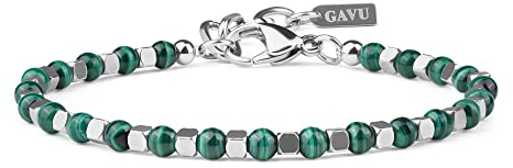 GAVU Bracelet Homme Pierres Naturelles Malachite Boules Carrées Acier Inoxydable