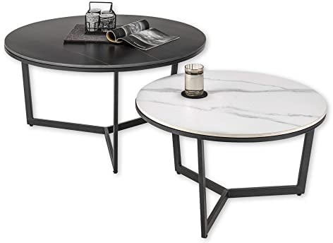 Stella Trading Beistelltisch 2er Set in Marmor Optik rund, Schwarz / Weiß - Modernes Couchtisch Set mit schwarzem Metallgestell - 90 x 45 x 90 cm (B/H/T)