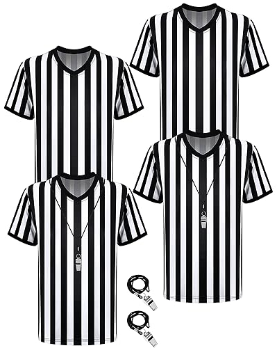 4er Pack Schwarz Weiß Gestreifte Schiedsrichter Shirts mit Pfeifen Herren Offizielle Schiedsrichter Shirts mit V-Ausschnitt Basketball Fußball Schiedsrichter Trikot Kostüm (M)