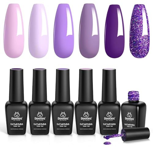 Beetles UV Gel Nagellack Set - 6 Farben Violetter Glitzer Nagellack LED Nagellampe Gel Polish Nageldesigns Ausgehärtete Maniküre Sets DIY Zuhause für Anfänger Nail Art Maniküre 7.5ml