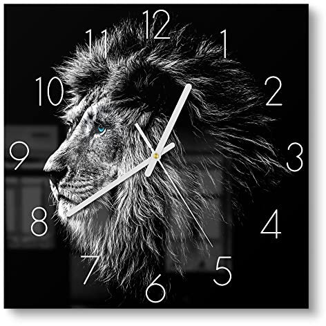DEQORI Glasuhr | 30x30 cm | Motiv König der Tiere im Profil | ausgefallene leise Design Uhr aus Glas | Wanduhr für Wohnzimmer & Küche | Moderne Hingucker Uhr für die Wand