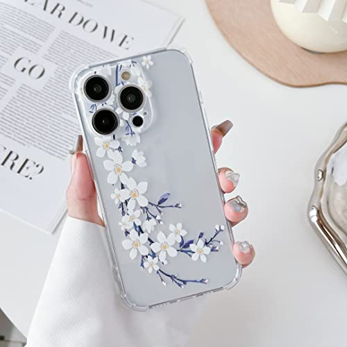 DEFBSC Compatible with iPhone 14 Pro Case, Clear Floral Flower Pattern Print Design for Girls Women Flexible Shockproof Soft TPU Bumper Protective Flower Phone Case - White Pear Blossom