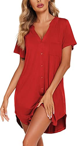 Rayson Chemise de Nuit Femme Nuisette Col V Manches Manches Courtes Bouton vers Bas Robe Nuit Ouvert Devant Soirée Lâche Couleur Solide Chemise de Nuit Longue(Rose,L)