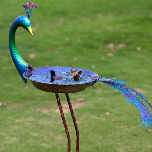 HLQMFHT 32,5 cm B x 97 cm H Pfauen-Vogeltränke für den Außenbereich, Metall-Vogelfutterstation, Vogeltränke, Teller, Garten, Rasen, Hof, Dekoration (mehrfarbig)