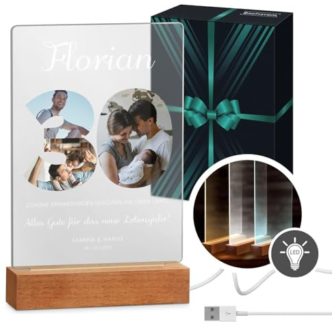Maverton beleuchteter LED-Rahmen mit Foto, personalisiertes Acryl Glasbild | Personalisiertes Acryl Glasbild mit eigenem Foto mit LED-Beleuchtung, Glasfoto für Männer zum Geburtstag, Größe: 15x24x4,5cm