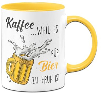Tassenbrennerei Tasse - Kaffee, weil es für Bier zu früh ist - Kaffeetasse lustig mit Spruch - Bierglas - Geschenk für Männer, Freund (Gelb)