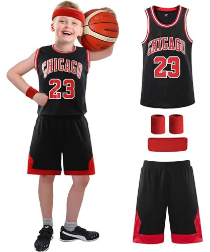 Erwachsene Kinder Basketball Trikot Shirt und Shorts 4 Stück Nr.23 Basketball Kleidung mit Wrist Wraps, Mode Ärmellose Basketball Jersey, Hochwertige Basketball Trainings und Spiel Trikot (Schwarz)