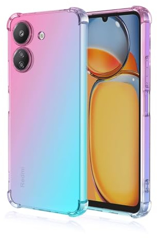 Topme Coque pour Redmi 13C (4G) / POCO C65 (6.71 inches), Étui de Téléphone Portable en Silicone TPU Souple avec Dégradé de Couleur Transparent - Rose Vert