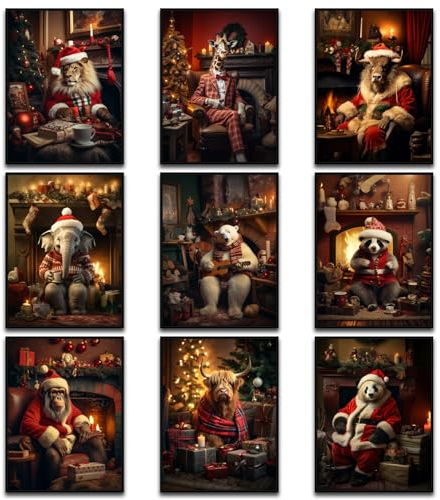 OHKGJG (20,3 x 25,4 cm, ungerahmt) Tier Mr. Christmas Vacation: 9 Stück Leinwanddrucke Gemälde eines lustigen Tierposters für Weihnachten dekoratives Poster und Heimdekoration Wandkunst