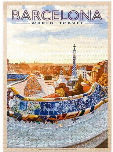 MyPuzzle Barcelona, Spain - Park Güell, Mosaic Mirage at Dusk, Vintage Travel Poster - Premium 1000 Piece Jigsaw Puzzle for Adults