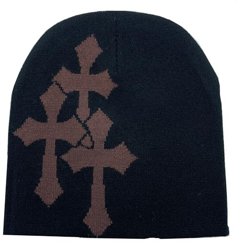 Obenie Y2K Strickmütze, Kreuzgrafik, für Herren und Damen, Jacquard-Mütze, Punk, einfarbig, Outdoor-Sport, Trend Beanie, Schwarz-Kaffeebraun, Einheitsgröße