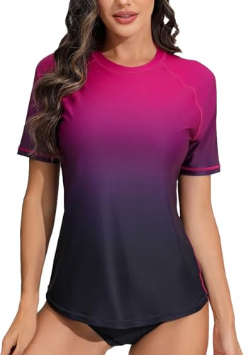 Halcurt UV Shirt Damen mit BH Rash Guard Kurzarm UPF 50+ Badeshirt S-XXL | Sonnenschutz Schwimmshirt, Schnell Trocknender, Atmungsaktiv, Nur Schwimmoberteil, Raglan Ärmel