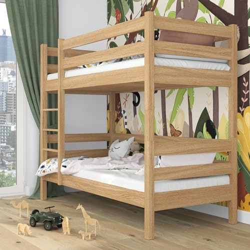 N-wood N01 Etagenbett, Hochbett 90x190 cm, aus Eichenholz, 2 Leitermontageseiten, 2 getrennte Betten, sichere abgerundete Kanten, Stabile Massivholzkonstruktion, inklusive Lattenrost, Natureiche