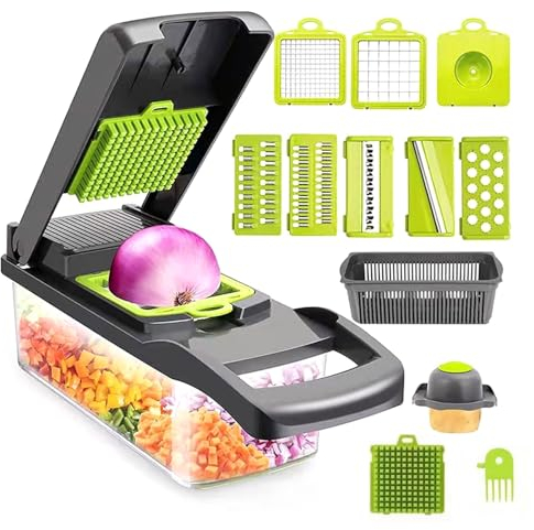Coupe-légumes 15 en 1 - Coupe uniforme - Avec boîte de rangement - Déchiquetage, tranchage, râpe, découpage en dés - Multifonction - Coupe légumes