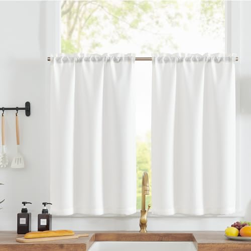 TOPICK Scheibengardinen Küche Weiß Bistrogardine mit Tunnelzug Modern Gardinen Kurz Blickdicht Leinenoptik Küchengardinen für Kleine Fenster Wohnmobil Küchenfenster 2er Set 70Bx90H cm