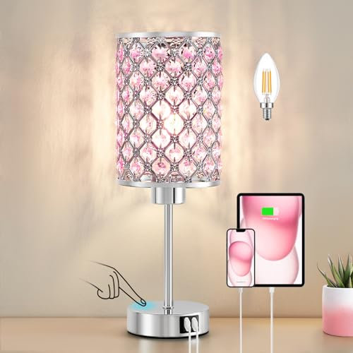 GyroVu Lampe de Table Cristal avec Ports USB-C/A - Lampe de Chevet Tactile 3 Niveaux Lumière - Abat-Jour Cristallin pour Chambre de Fille & Salon - Inclut Ampoule(Rose)