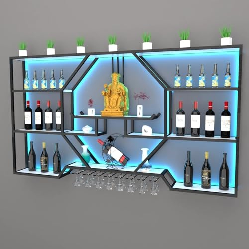 POWRZZZY LED-Weinregal,Weinglasregal,Weinregal Zur Wandmontage,Wand-Weinregale Für Weinflaschen,Ausstellungsregal,Flaschenlagerregal,Regal Aus Eisen,Weinhalter,Speisekammerschrank(Color:Nero)