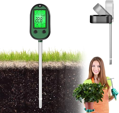 4 in 1 pH Bodenmessgerät, ph Messgerät Erde mit Digitalem pH-Meter, Bodenfeuchte, Pflanzentemperatur, Sonnenlichtintensität, Digitales Feuchtemessgerät Pflanzen für Garten, Rasen, Außenpflanze