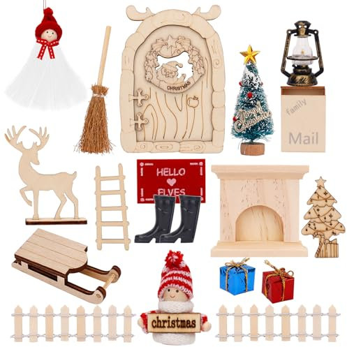 Wichteltür Set, Wichtel Zubehör Weihnachten, Wichteltür Komplettset, mit Feentür, Briefkästen, Stiefel, Leiter, Weihnachtsbaum DIY Dekoration für Weihnachten