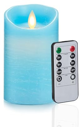 FiiMoo Batteriebetriebene LED Kerze, Blau, Mit Fernbedienung, Flammenlos, Echtwachs, Flackernde Elektrische Kerze Mit Timer für Halloween Weihnachtsdekoration - 10cm