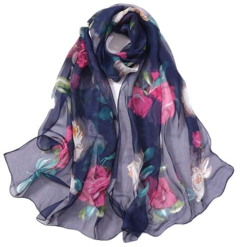 Musselin Schal Damen Cabrio Kopfbedeckung Damen Wickeln Sie Mode-Rosen-weichen langen Druckseiden-Schal-Schals-Simulations-Schal-Frauen-Schal Geschenke Für Damen 70 Seidenschal Damen (Navy, One Size)