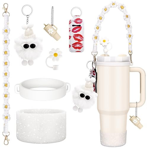 Estefanlo 7 Stück Stanley Cup Zubehör Set, Inklusive Wasserflasche Griff Riemen, Siliocne Becher Stiefel, Silikon Strohhalm Abdeckung, Stanley Cup Accessories für Stanley Cup 800ml -1100ml (Weiß)