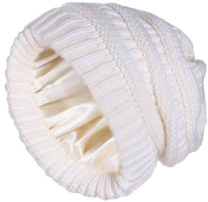 HDICUHNANU WintermüTze Wintermütze for Damen, Mit Satin Gefüttert, Zopfmuster, Grobe Slouchy-Mützen, Warm WäRme Hut(White)