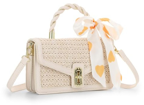 Ynport Crefreak Damen Handtasche aus Gewebtem Stroh mit Schleifenschal, Verstellbarem Schultergurt, Schlossverschluss, Boho Chic Sommer-Strandtasche für Lässige Ausflüge, Reisen, Geschenkidee,Beige