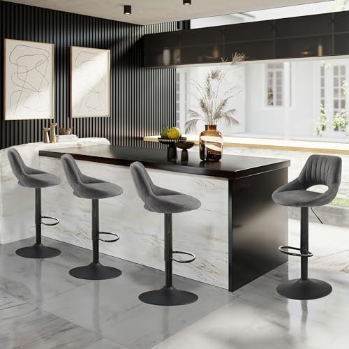 Zouron Tabouret de Bar Vintage Lot de 4, Tabourets de Bar de Style Industriel，Hauteur Réglable et Pivotant 360°,Chaise de Bar avec Repose-Pieds,Chaise de Cuisine,Grand siège (54.5 * 50.5cm),Gris