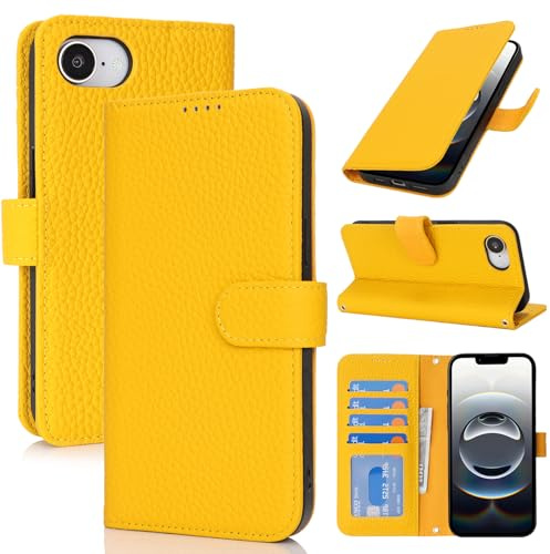 Zouzt Echtleder Hülle für iPhone 17e/16e, 4 Kartenfächern, Gelb | Premium Leder, Kartenhalter, Magnet Klapp Schutzhülle, Stoßfeste TPU-Innenhülle, Frauen Männer, Leather Wallet Phone Case