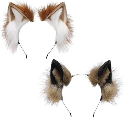 CHarmeFleur Pack of 2 Handgemacht Wolf Fuchs Ohren Tier Cosplay Süss Kopf Accessoires für Halloween (Braun und schwarz)