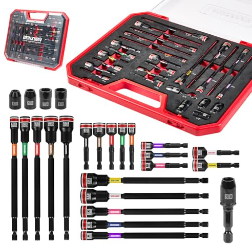Geinxurn 25Pieces Magnetic Nut Driver Set for Impact Drill, Metric and SAE Sizes with Plastic Tool Box Storage, Built for Professional & DIY Projects