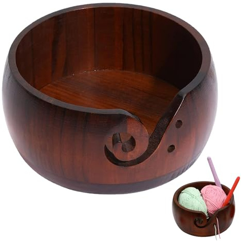 ARCPNRT Bol à Fil en Bois, Bols de Fil à Crocheter, 15 x 8 cm Bol à Tricoter Rond Fait à la Main, Bols en Laine à Tricoter avec Trous Design, pour Projets de Tricot et de Crochet(Couleur Bois Foncé)