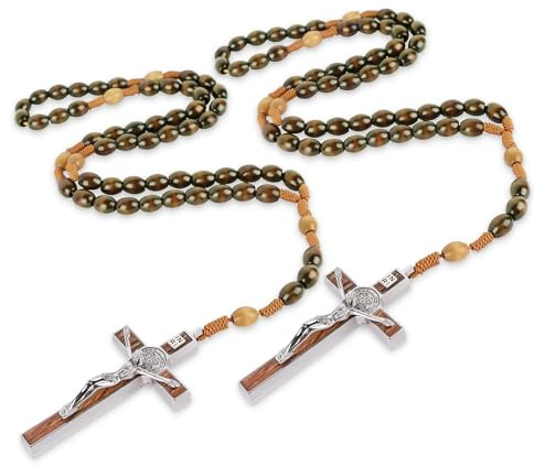 Kingyuan Classic Wooden Rosary Beads for Catholic Men and Women - Perfect Catholic Gift and Cross for Car with 3 Large Size Metal St. Benedict Medal Cross & Exquisite Packaging Box(1PCS/2PCS)