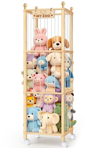 Stuffed Animal Storage, Large Wooden Stuffed Animal Zoo with Brake Wheels