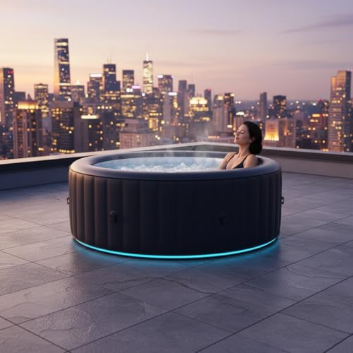 MSpa Whirlpool Aurora 204 x 204 x 70 cm – uppblåsbar bubbelpool för 6 personer med 138 massagemunstycken, LED-belysning, UVC+ desinfektion, självuppblåsbar funktion och Rhino Tech, 6-lagers material