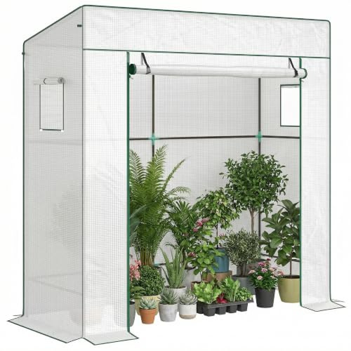 Outsunny Invernadero Pequeño Invernadero de Exterior 196x77x197 cm Blanco | Ventanas de Malla, Puerta con Cremallera, Marco de Acero, Cubierta de PE 140g/m², para Cultivar Tomates Plantas Flores