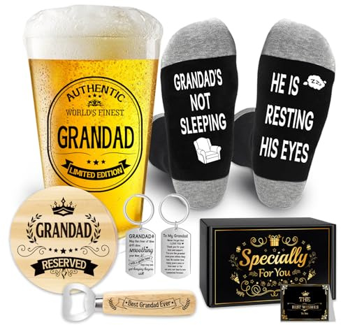 Epaing Grandad Birthday Gifts Beer Glass Set, 500ml Pint Glass Grandad Gifts from Grandchildren, Personalised Beer Glass and Socks Presents for Retirement, with Keyring Bottle Opener Coaster Card