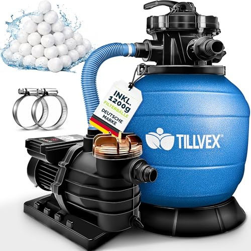 tillvex® Sandfilteranlage Pool mit Timer 13.200L/h + 1200g Filterbälle | Filteranlage bis 40.000L inkl. 7-Wege Ventil & 2in1 Adapter Ø32 - 38mm | Poolfilter mit Pumpe | Sandfilter Selbstansaugend